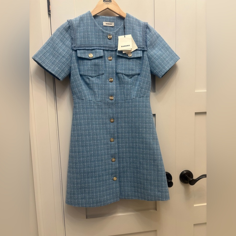 Sandro Blue Tweed Button-Front Short Sleeve Dress